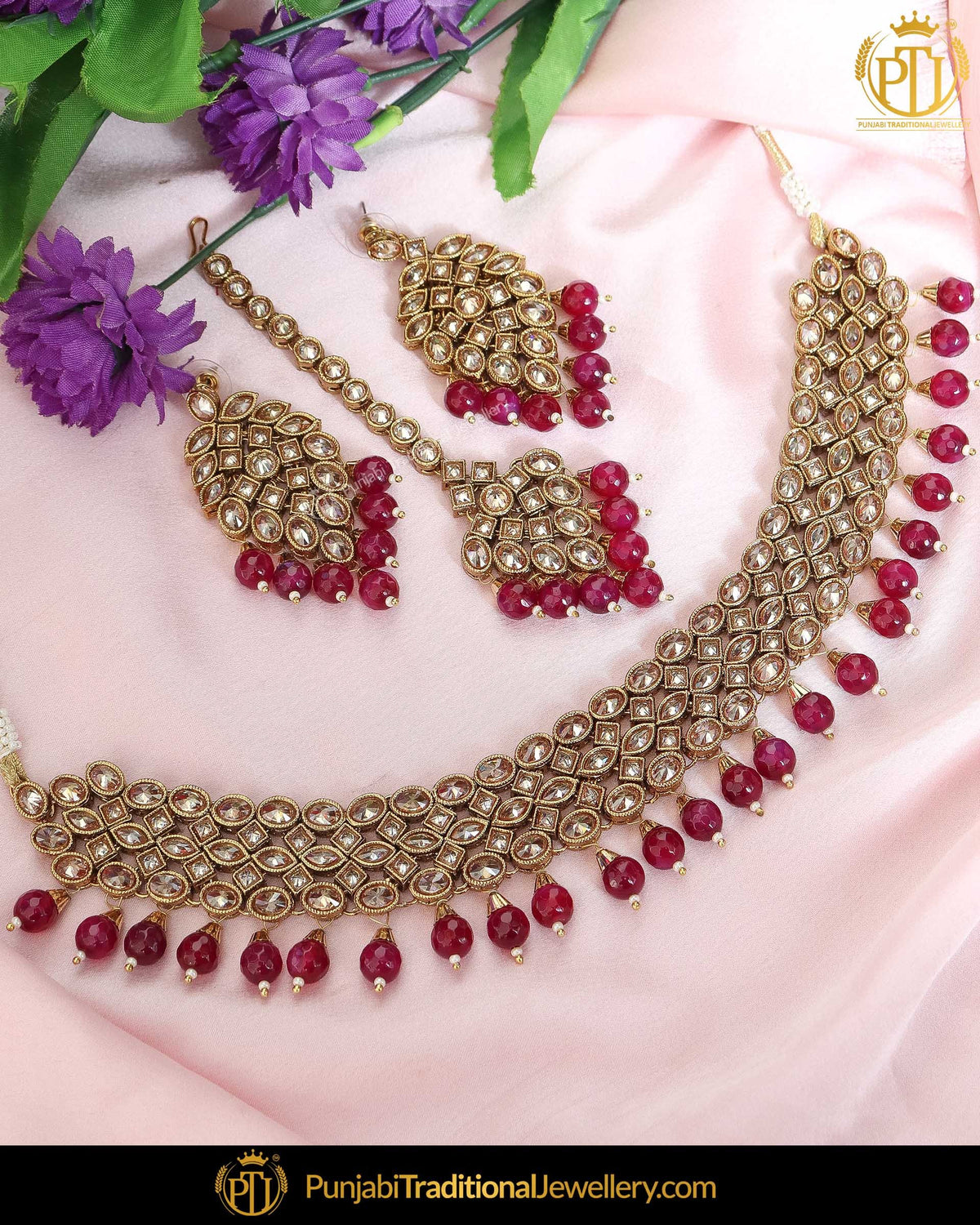 Gold Finished Rubby Chamapgne Stone Pearl Choker Necklace Set | Punjabi Traditional Jewellery Exclusive