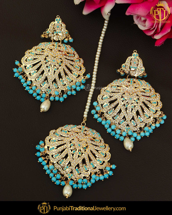 Gold Finished Firozi Jadau Earring Tikka Set | Punjabi Traditional Jewellery Exclusive