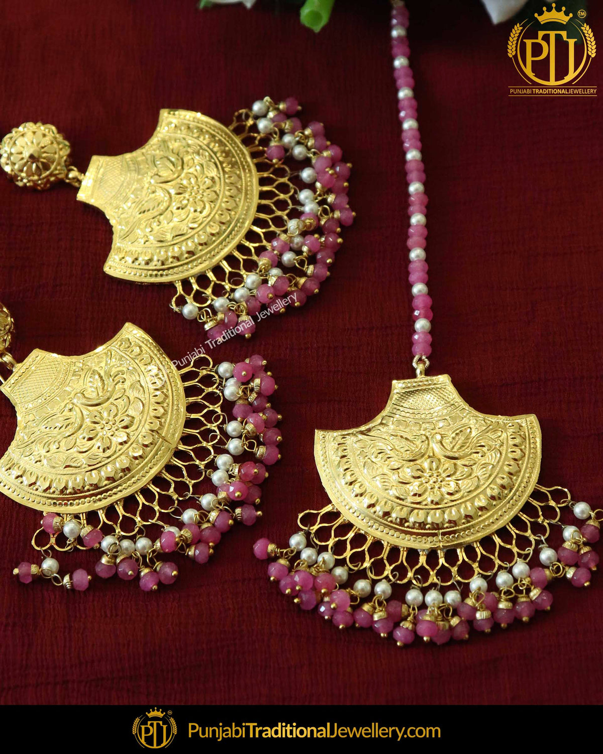 Pink Patra Earring Tikka Set | Punjabi Traditional Jewellery Exclusive