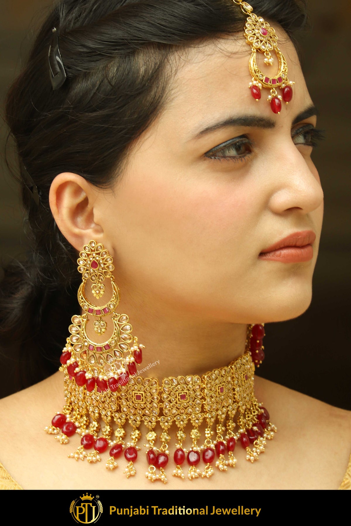 Assureds Rubby Champagne Stone Choker Set, Earrings With Tikka | Punjabi Traditional Jewellery