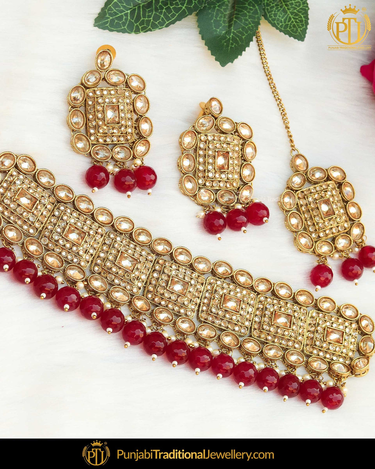 Antique Gold Finished Rubby Polki Stone Choker Necklace Set | Punjabi Traditional Jewellery Exclusive