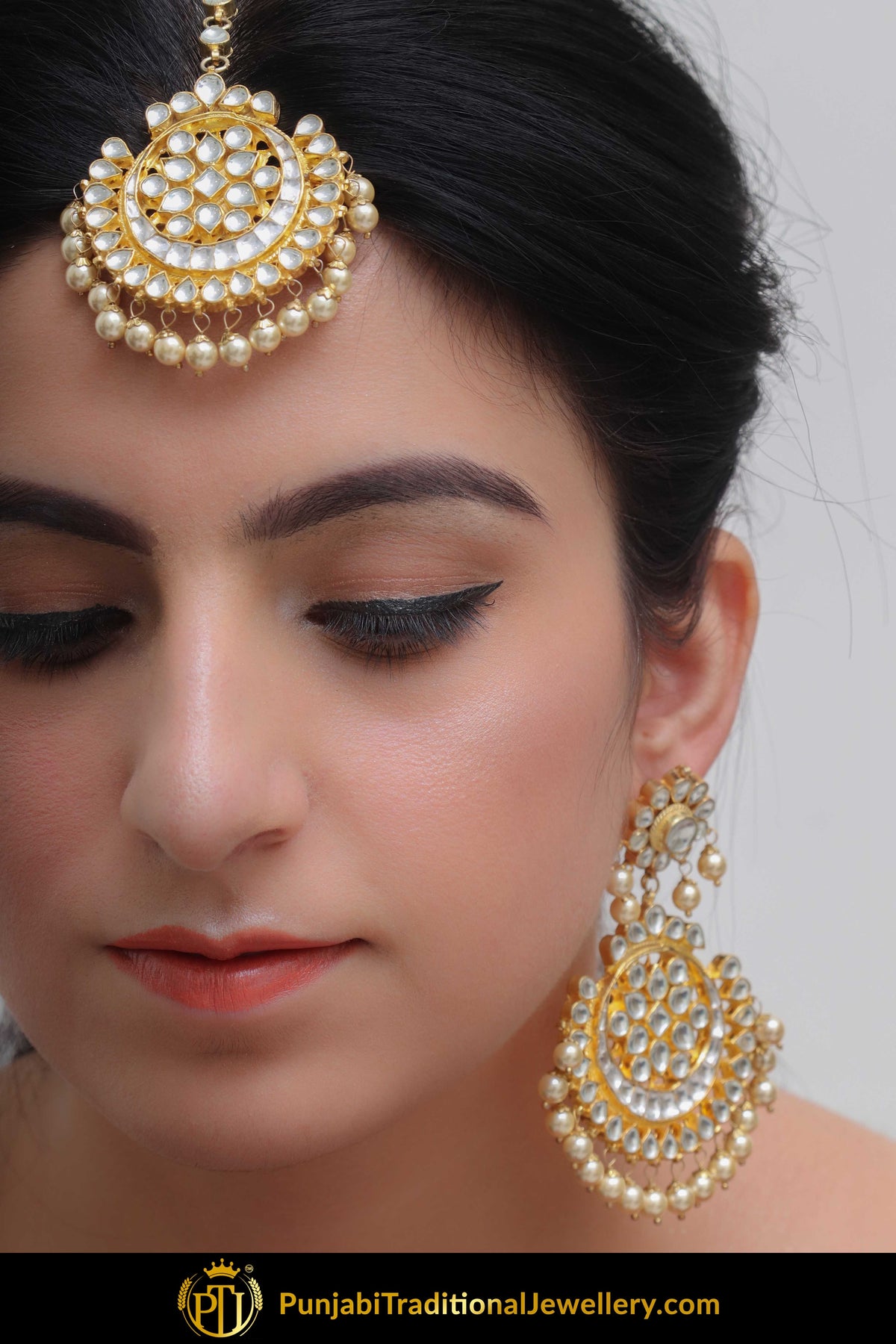 Haifa Golden Kundan Pearl Earring Tikka Set | Punjabi Traditional Jewellery Exclusive