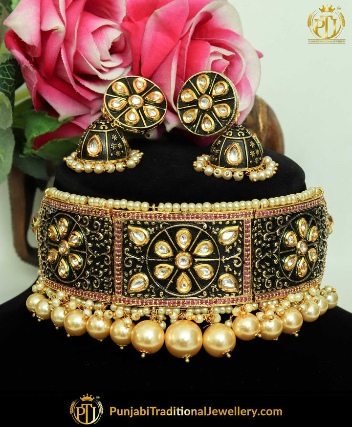 Black Hand-Painted Meena Kundan Pearl Choker Set | Punjabi Traditional Jewellery Exclusive