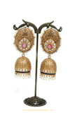 Gold Finished Pink Kundan Jhumki Earrings by PTJ