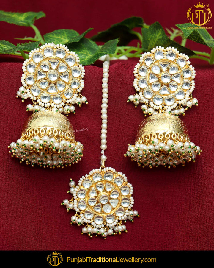 Gold Finished Stud & Jhumki Pearl Kundan Earrings & Tikka Set | Punjabi Traditional Jewellery Exclusive