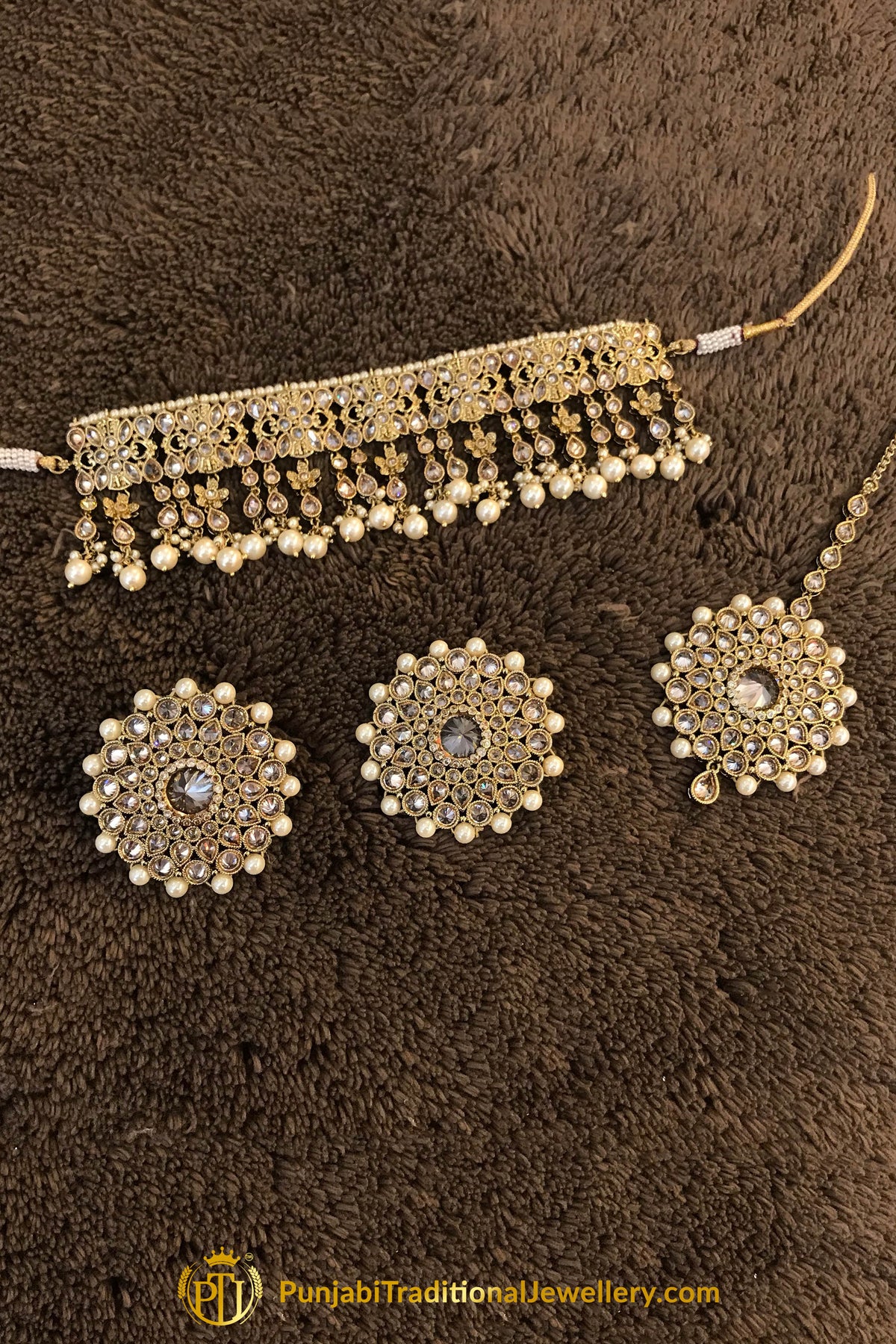 Silver Polki Stud Earrings With Necklace Set By Punjabi Traditional Jewellery