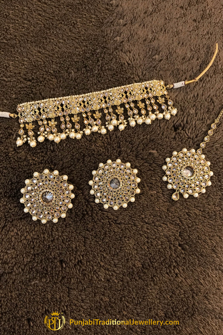 Silver Polki Stud Earrings With Necklace Set By Punjabi Traditional Jewellery