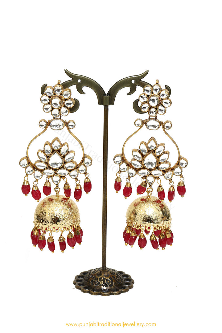 Gold Finished Kundan Rubby Jhumki Earrings by PTJ