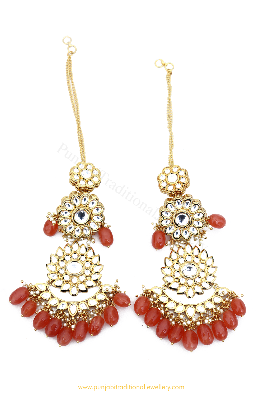 Gold Finished Orange Kundan Earrings By PTJ
