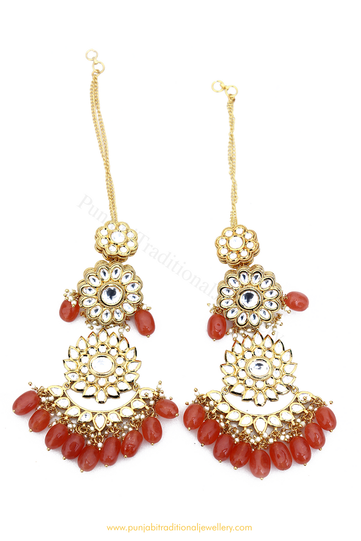 Gold Finished Orange Kundan Earrings By PTJ