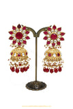 Gold Finished Kundan Rubby Jhumki Earrings by PTJ