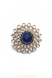 Gold Finished Blue Kundan Ring By PTJ