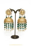 Gold Finished Kundan Emerald Jhumki Earrings by PTJ