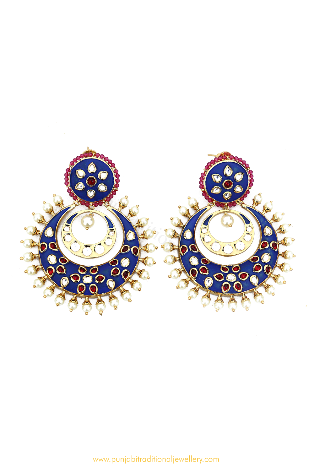 Gold Finished Blue Kundan Earrings By PTJ