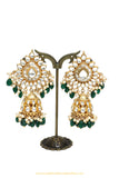 Gold Finished Kundan Emerald Jhumki Earrings by PTJ