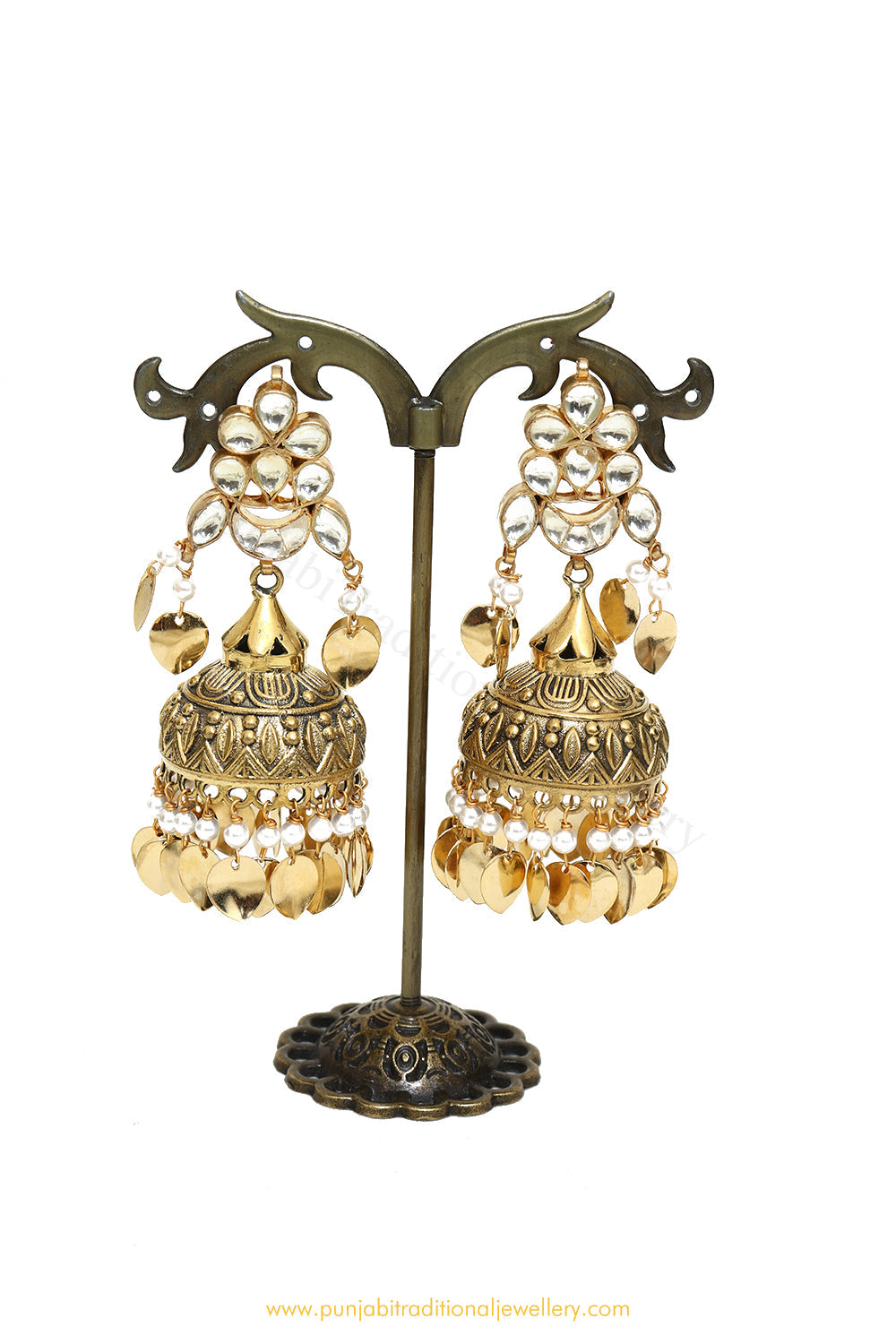 Antique Gold Finished Kundan Jhumki Earrings by PTJ