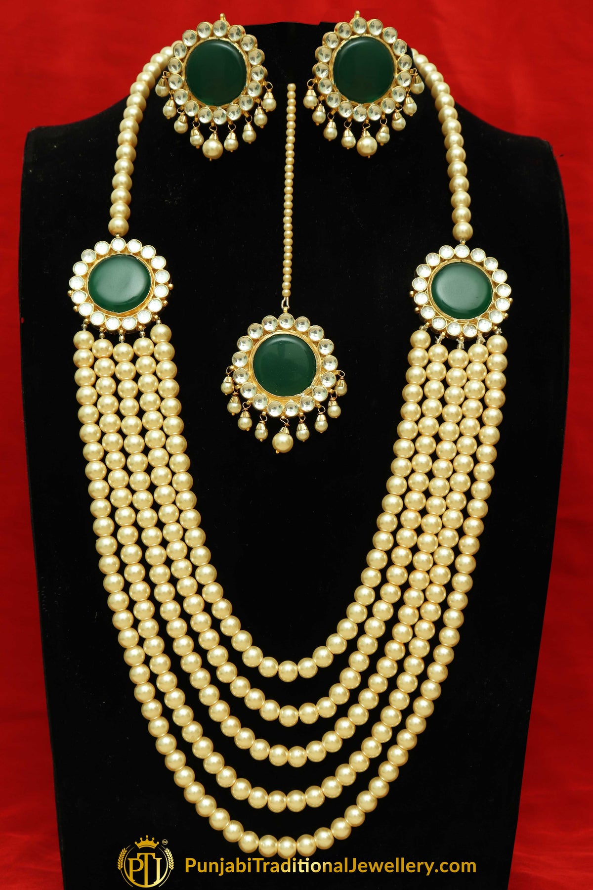 Firdous Emerald Kundan Pearl Mala Set With Stud Earring Tikka Set | Punjabi Traditional Jewellery Exclusive