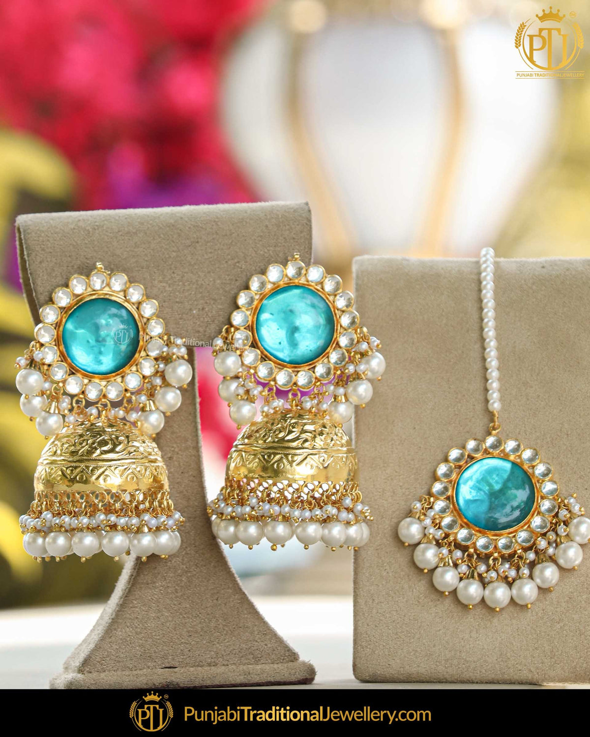 Gold Finished Kundan Pearl Jhumki Firozi Earrings & Tikka  | Punjabi Traditional Jewellery Exclusive