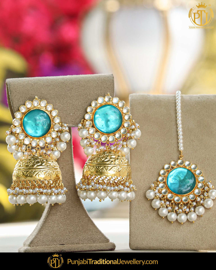 Gold Finished Kundan Pearl Jhumki Firozi Earrings & Tikka  | Punjabi Traditional Jewellery Exclusive