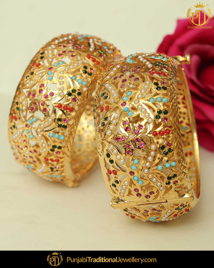 Gold Finished Navratan Jadau Karra Bangles (Pair)| Punjabi Traditional Jewellery Exclusive