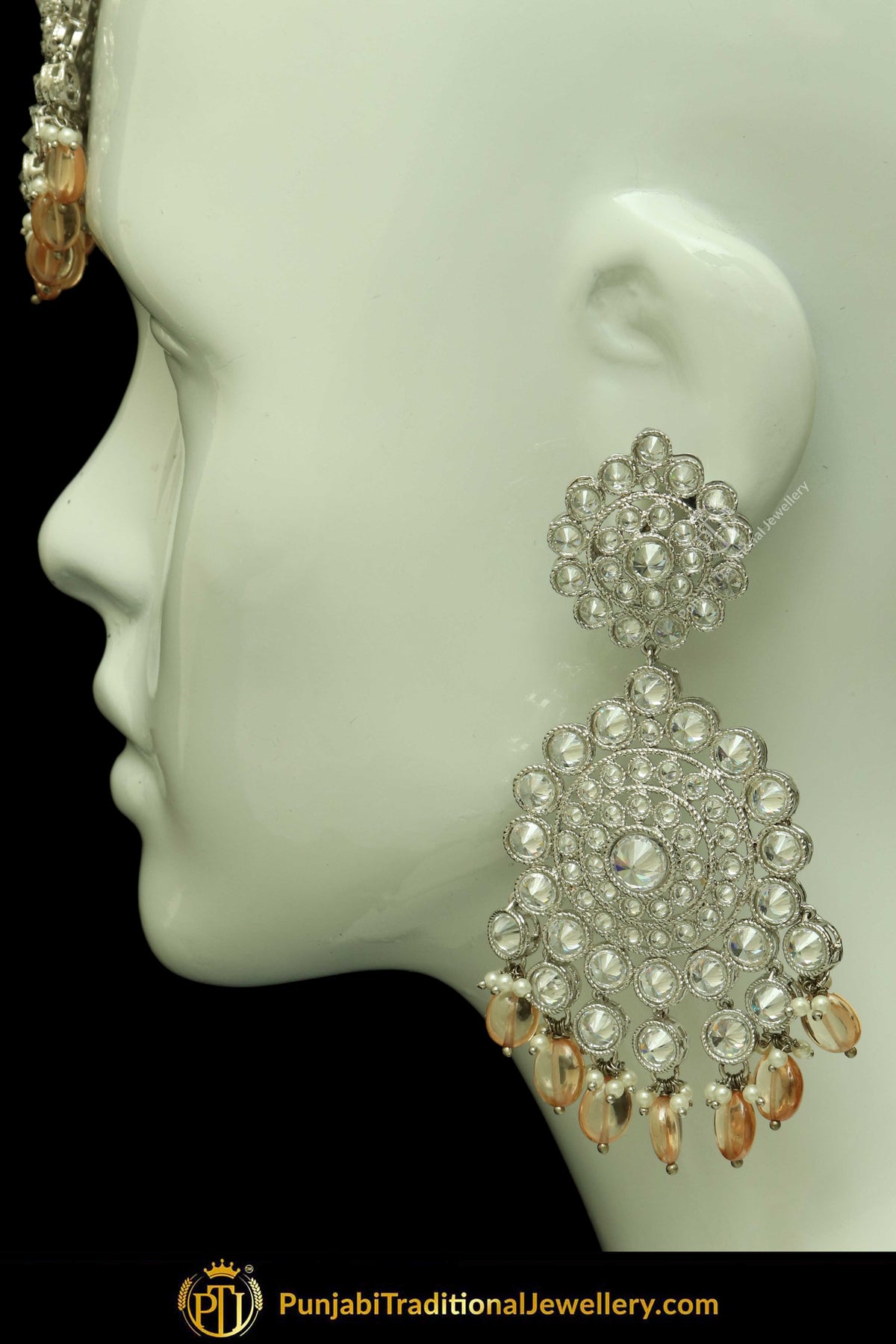 Silver Finished Polki Stone Peach Earrings & Tikka Set By Punjabi Traditional Jewellery