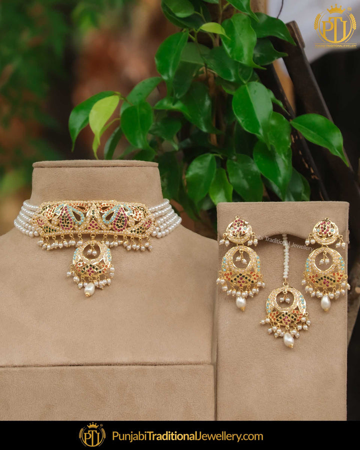 Gold Finished Jadau Pearl Multi Choker Necklace Set | Punjabi Traditional Jewellery Exclusive