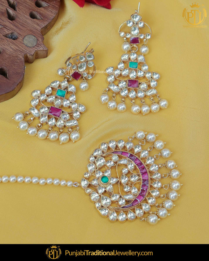 Gold Finished Pearl Rubby Emerald Kundan Earring Tikka Set | Punjabi Traditional Jewellery Exclusive