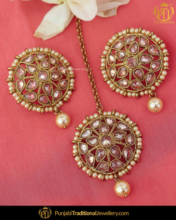 Antique Gold Finished Pearl Champagne Stone Stud Earrings & Tikka | Punjabi Traditional Jewellery Exclusive