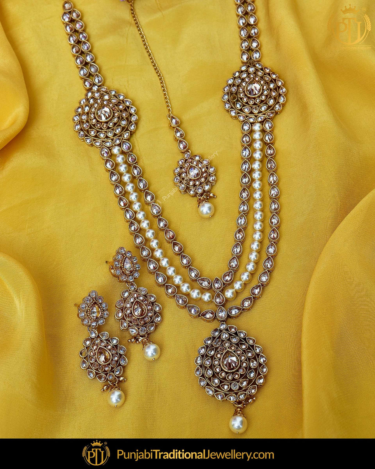 Antique Gold Finished Champagne Stone Pearl Long  Set  | Punjabi Traditional Jewellery Exclusive