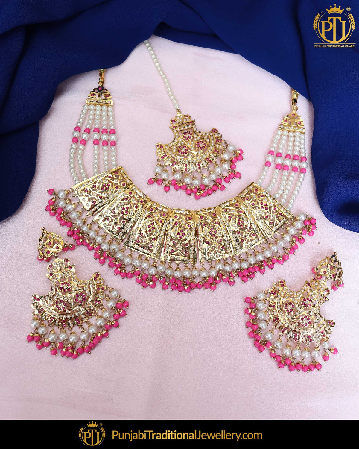 Gold Finished Pink Jadau Pearl Necklace Set  | Punjabi Traditional Jewellery Exclusive