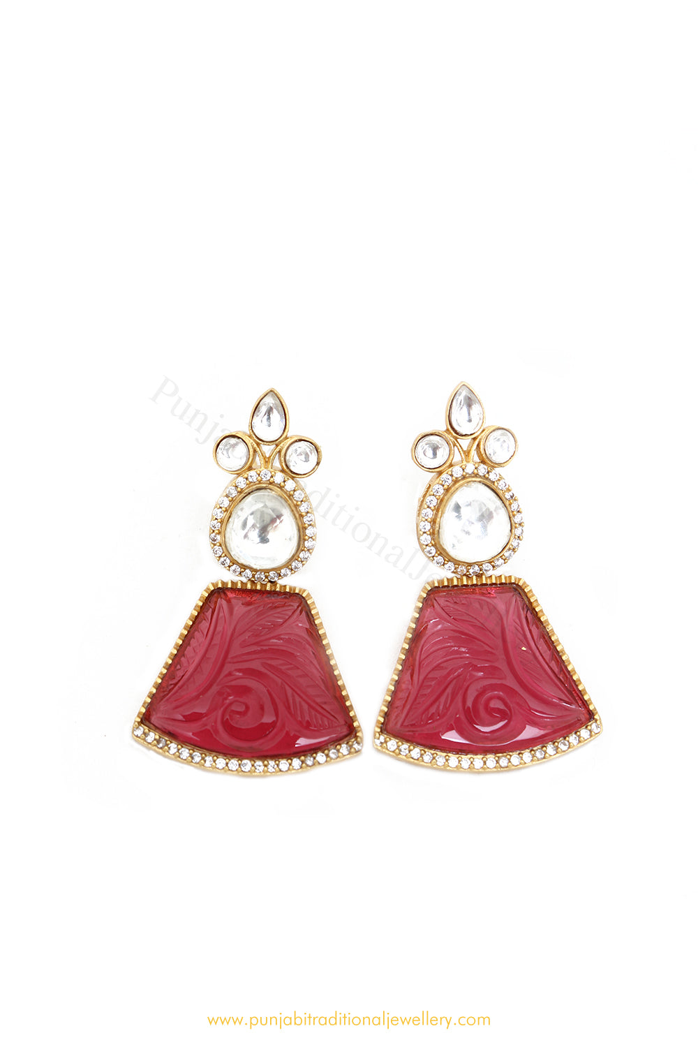 Gold Finished Rubby Fusion Kundan Earrings by PTJ