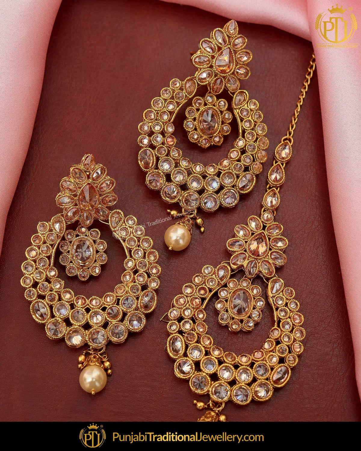 Gold Finished Chamapgne Stone Pearl Earring Tikka Set | Punjabi Traditional Jewellery Exclusive