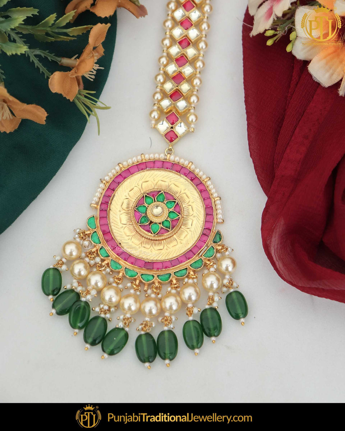 Gold Finished Green Red Kundan Pearl Tikka | Punjabi Traditional Jewellery Exclusive