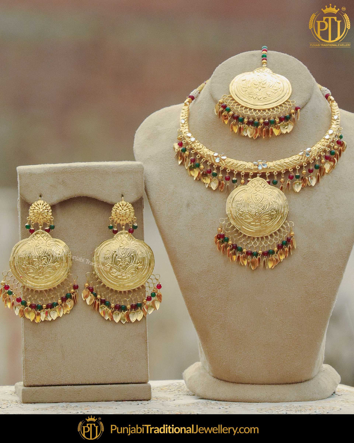 Gold Finished Pippal Patti Rubby Green Pearl Hasli Necklace Set | Punjabi Traditional Jewellery Exclusive