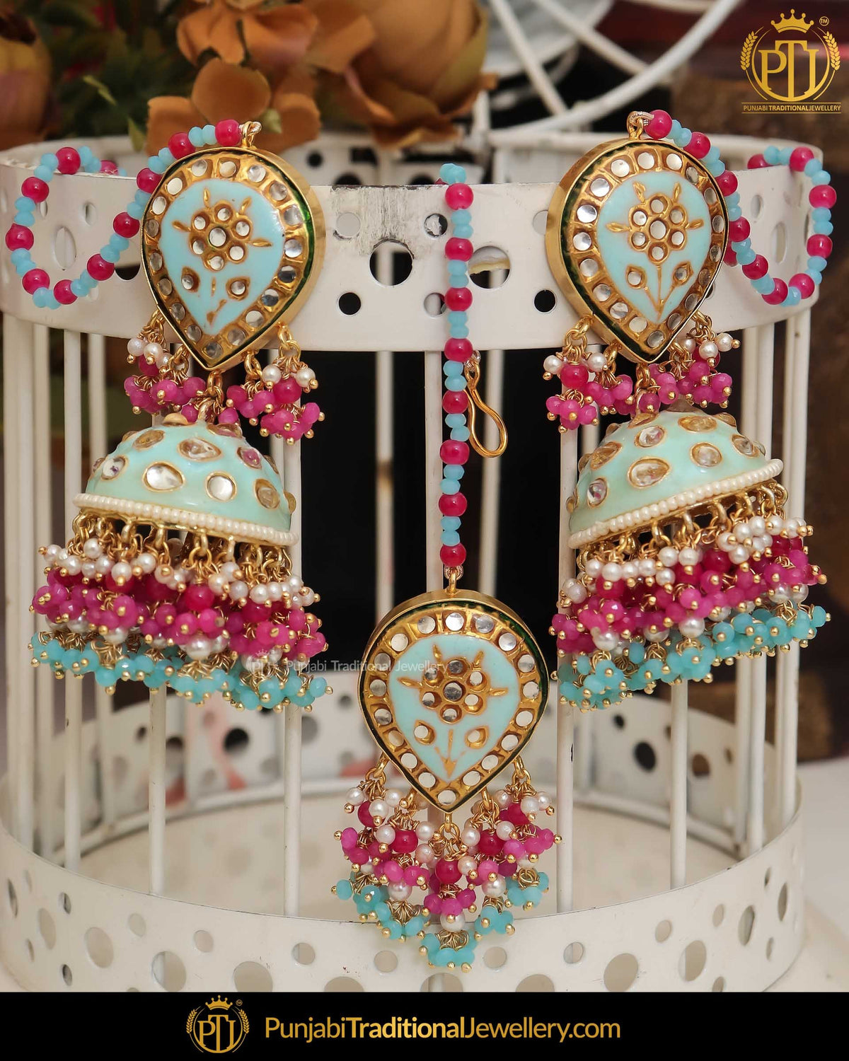 Hand Painted Meena Kundan Pearl Pink & Firozi Sahare Earrings & Tikka | Punjabi Traditional Jewellery Exclusive