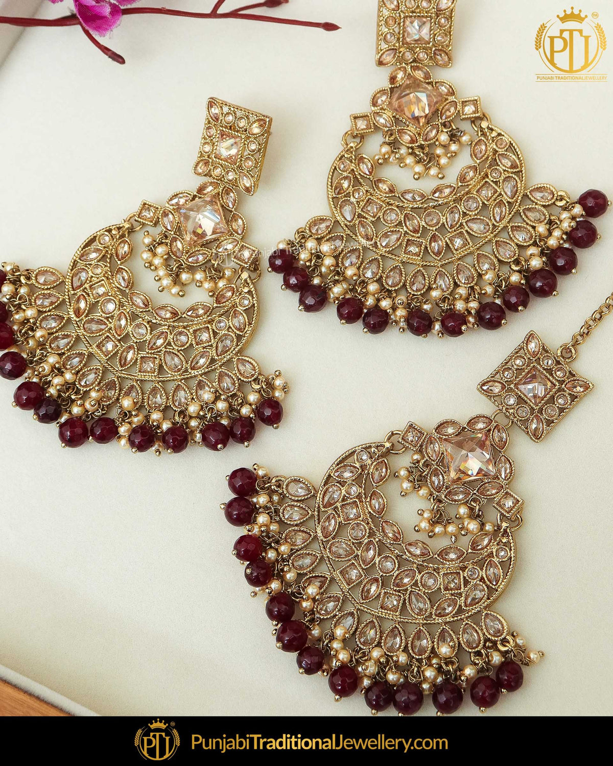 Gold Finished Champange Stone Rubby Earring Tikka Set | Punjabi Traditional Jewellery Exclusive