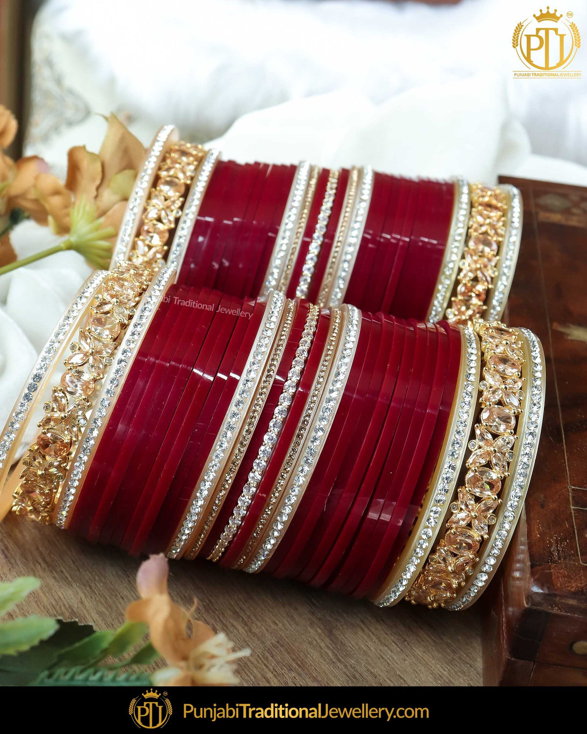 Antique Gold Finished AD Stone Maroon Bridal Chura | Punjabi Traditional Jewellery Exclusive