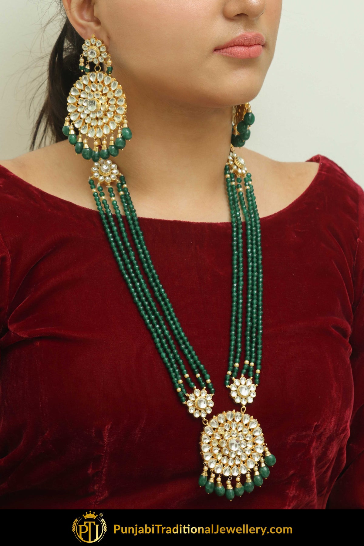 Amaya Emerald Kundan Long Necklace Set | Punjabi Traditional Jewellery Exclusive