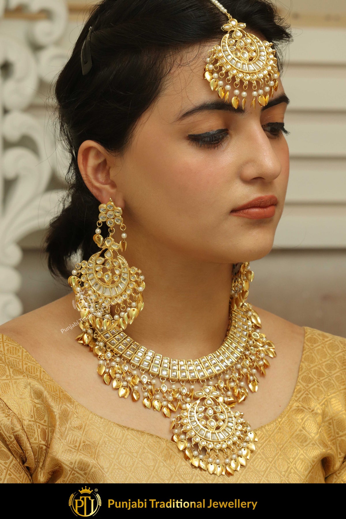 Khazanah Gold Finished Pippal Patti Kundan Necklace With Earrings & Tikka | Punjabi Traditional Jewellery Exclusive