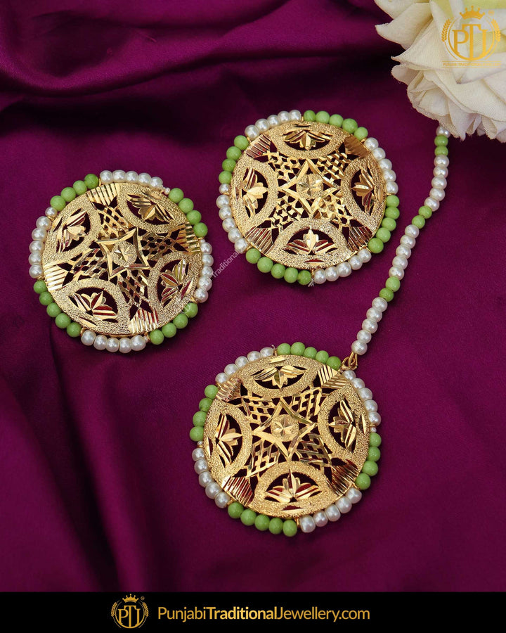 Gold Finished Emerald Jadau Stud Pearl Earring Tikka Set | Punjabi Traditional Jewellery Exclusive