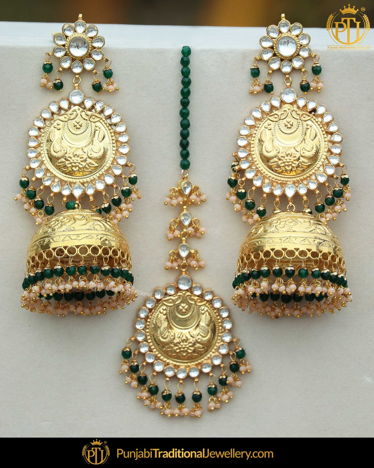 Gold Finished Jhumki Emerald Kundan Pearl Earring Tikka Set | Punjabi Traditional Jewellery Exclusive