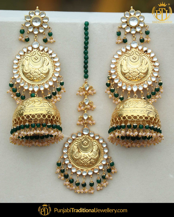 Gold Finished Jhumki Emerald Kundan Pearl Earring Tikka Set | Punjabi Traditional Jewellery Exclusive