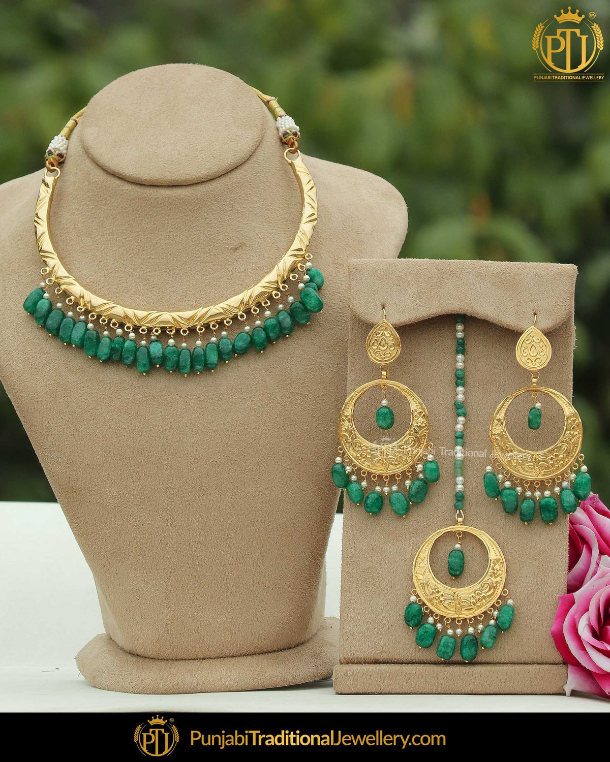 Gold Finished Emearld Hasli Necklace Set | Punjabi Traditional Jewellery Exclusive
