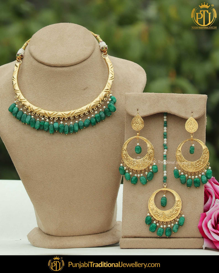 Gold Finished Emearld Hasli Necklace Set | Punjabi Traditional Jewellery Exclusive