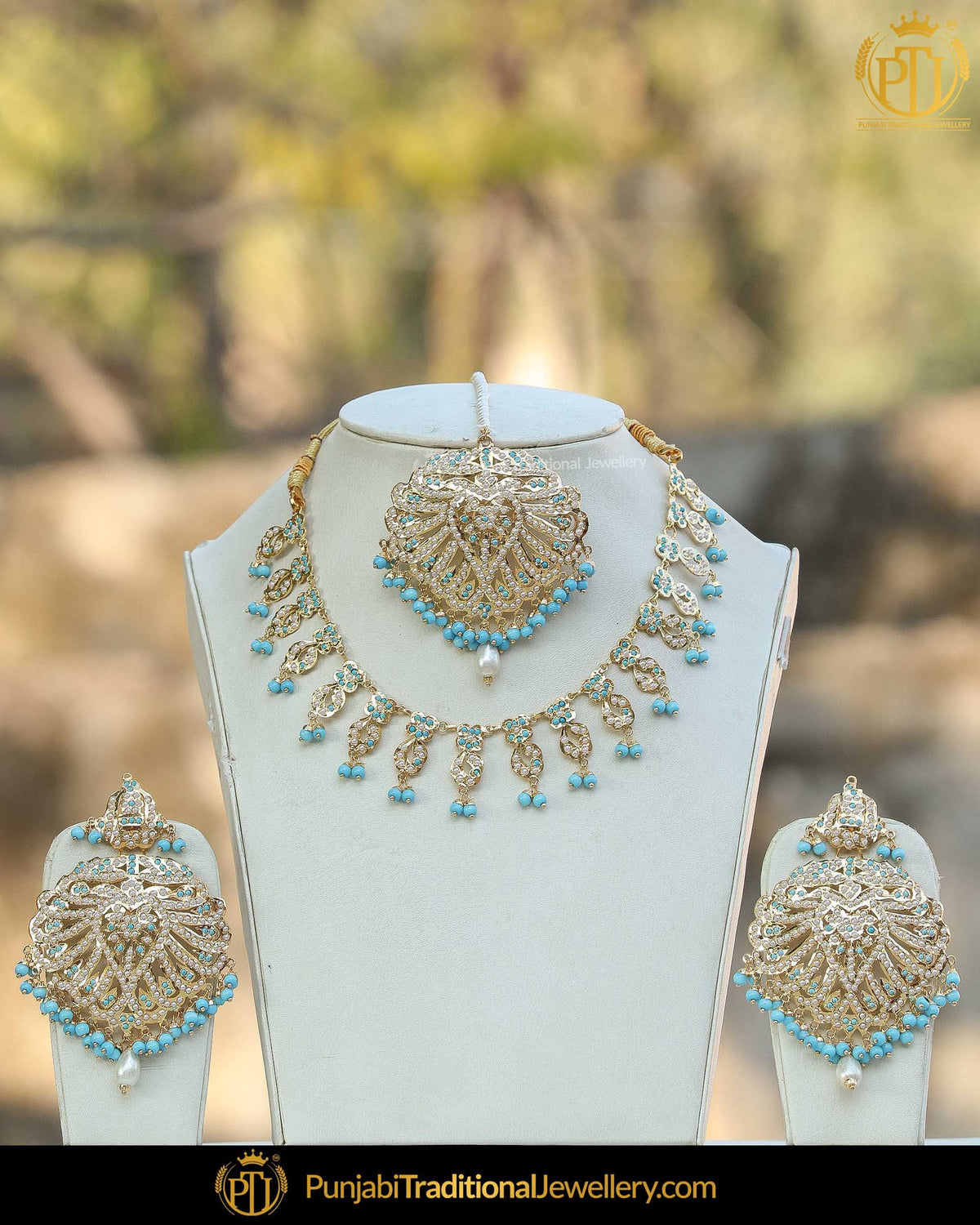 Gold Finished Firozi Pearl Jadau Necklace Set | Punjabi Traditional Jewellery Exclusive