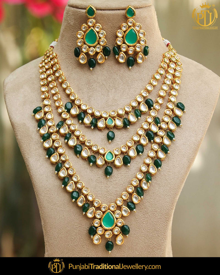 Gold Finished Emerald Pearl Kundan Necklace Set | Punjabi Traditional Jewellery Exclusive