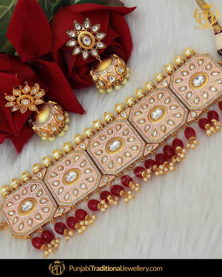 Hand Painted Pink Meena Kundan Pearl Necklace Set | Punjabi Traditional Jewellery Exclusive