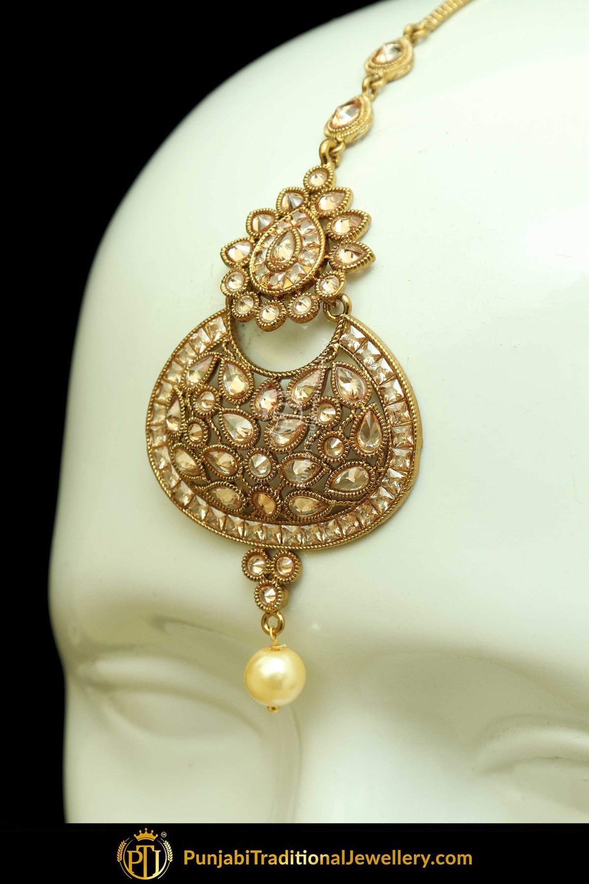 Antique Gold Finised Champagne Stone Earring Tikka Set By Punjabi Traditional Jewellery
