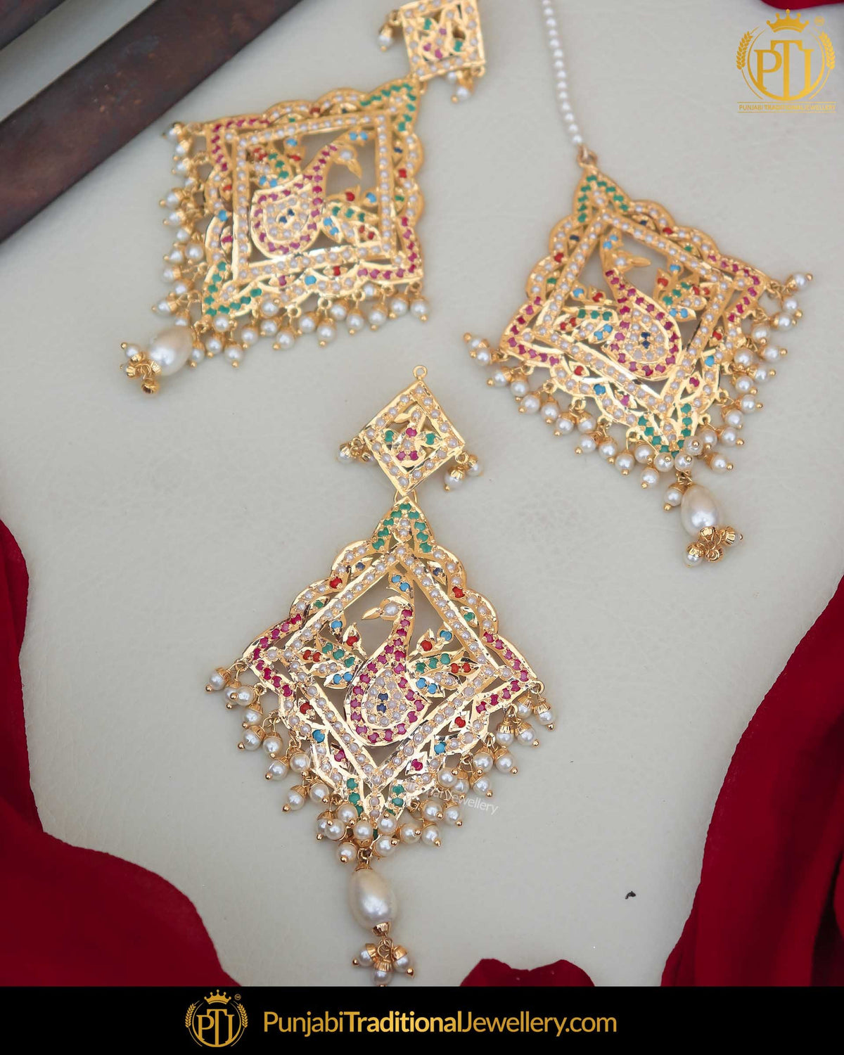 Gold Finished Jadau Multi Earring Tikka Set | Punjabi Traditional Jewellery Exclusive