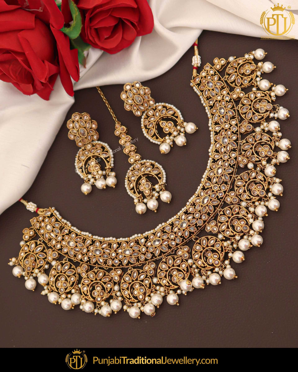 Gold Finished Champagne Stone White Pearl Necklace Set | Punjabi Traditional Jewellery Exclusive